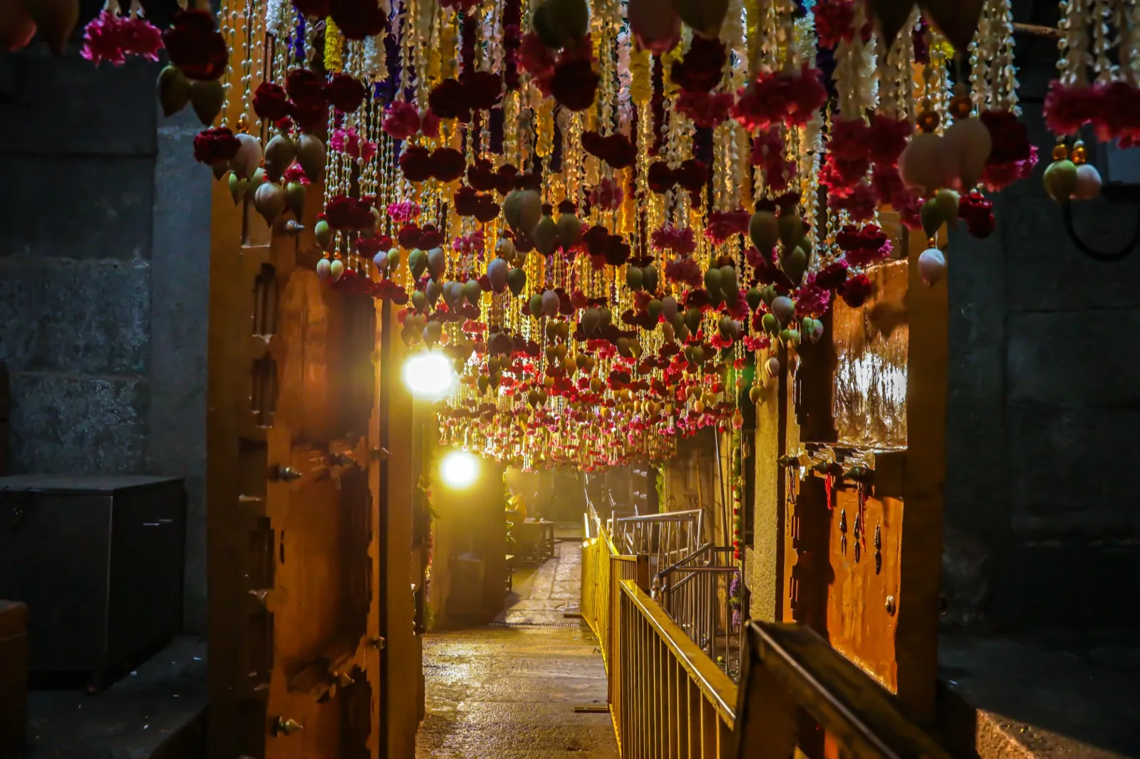 Garland-decked sanctum corridor at Sri Chamundeshwari Devi Temple