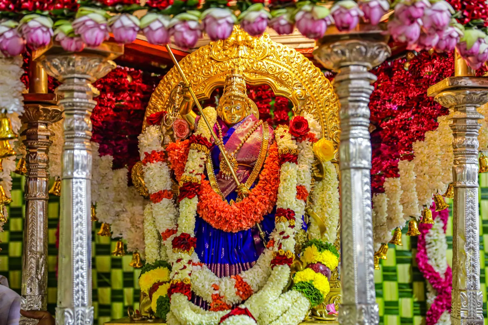 Goddess Chamundeshwari in alankara at the pillared mantapa